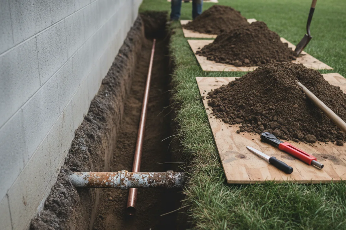 Excavated water line trench during Water Softener Installation in Quaker Hill